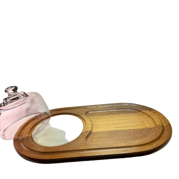 Mid Century Teak , Marble and Glass Cloche Cheese Tray - Picture 1 of 3